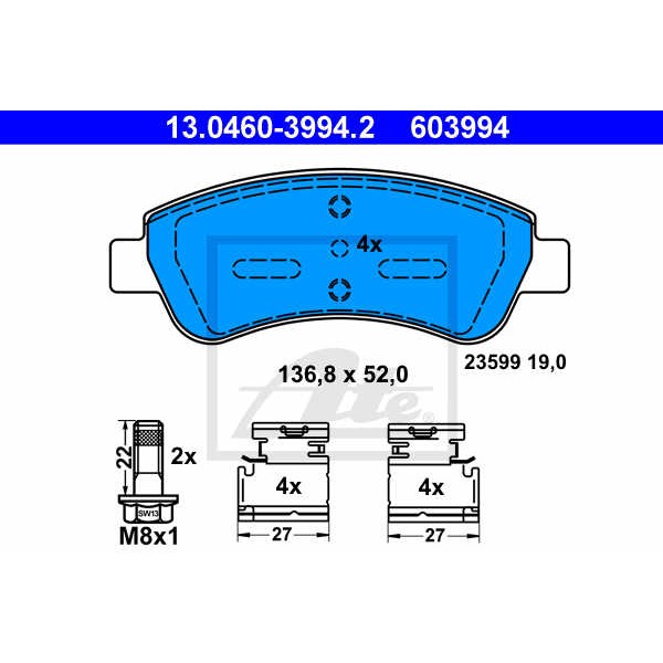 Слика на плочки ATE 13.0460-3994.2 за Peugeot Partner Combispace (5F) 1.6 Flexfuel - 109 коњи Бензин/Етанол