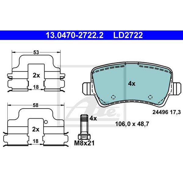 Слика на плочки ATE Ceramic 13.0470-2722.2 за Volvo V60 T3 - 152 коњи бензин