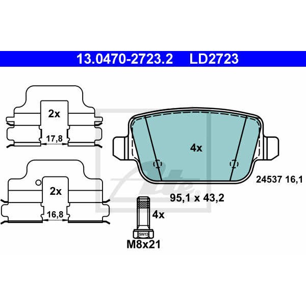 Слика на плочки ATE Ceramic 13.0470-2723.2 за Ford Mondeo 4 Turnier 2.0 LPG - 145 коњи Бензин/Автогаз (LPG)