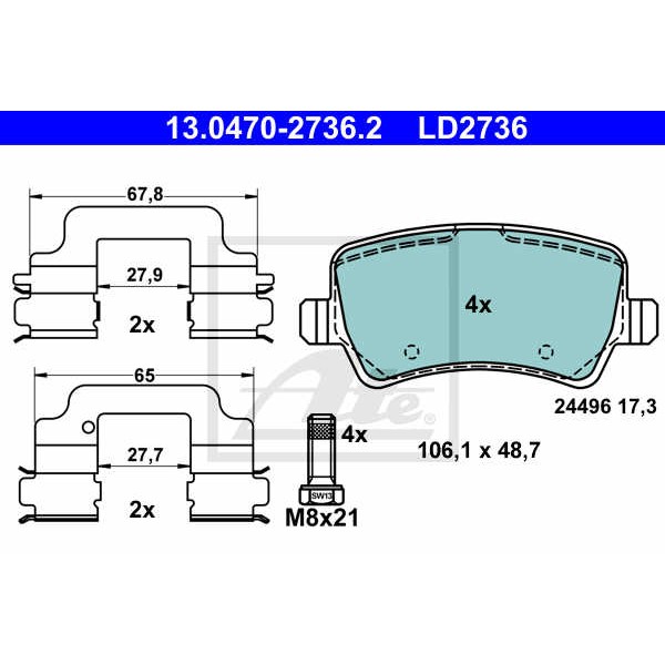 Слика на плочки ATE Ceramic 13.0470-2736.2 за Volvo V60 T3 - 152 коњи бензин