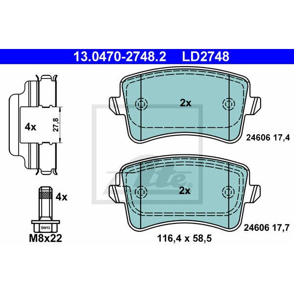 Слика на плочки ATE Ceramic 13.0470-2748.2 за Audi A4 Avant (8K5, B8) 3.0 TDI - 204 коњи дизел