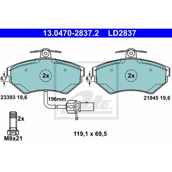 Слика на плочки ATE Ceramic 13.0470-2837.2 за Audi A4 Sedan (8EC, B7) 2.0 TFSI quattro - 220 коњи бензин