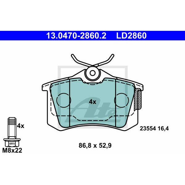 Слика на плочки ATE Ceramic 13.0470-2860.2 за Audi A4 Sedan (8E2, B6) 1.8 T quattro - 150 коњи бензин