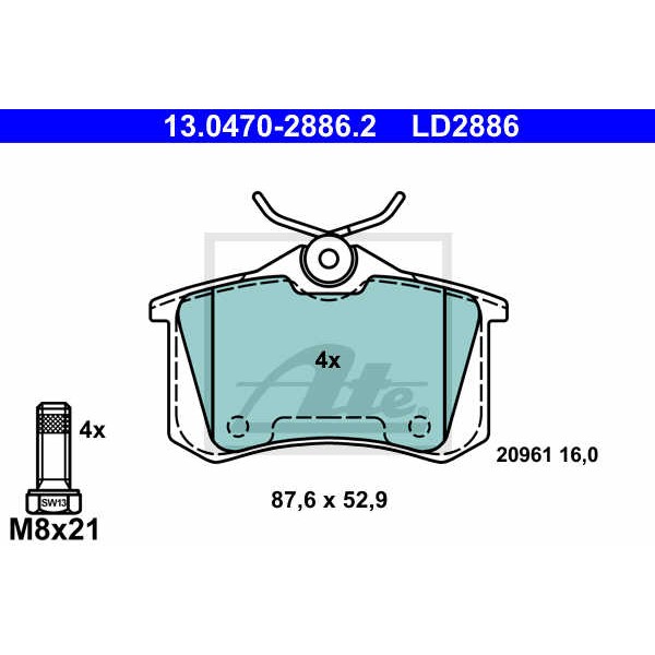 Слика на плочки ATE Ceramic 13.0470-2886.2 за Seat Toledo 2 Saloon (1M2) 1.8 20VT - 180 коњи бензин