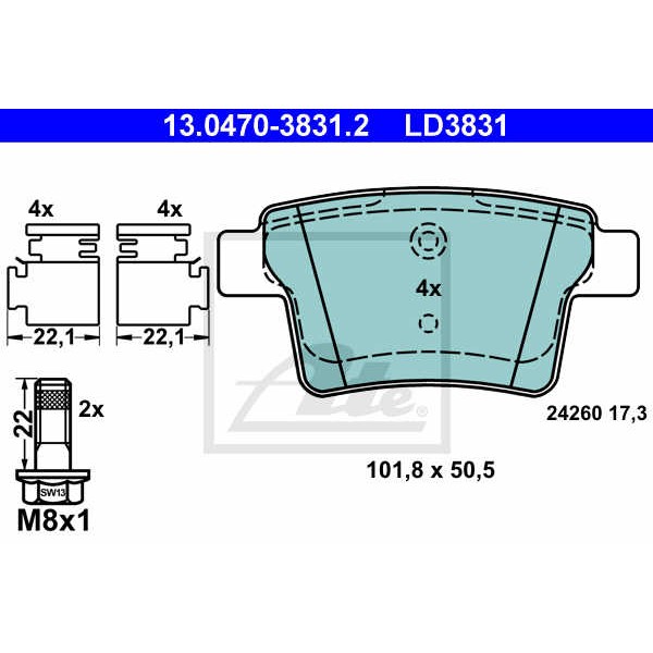 Слика на плочки ATE Ceramic 13.0470-3831.2 за Ford Mondeo 3 Estate (BWY) 2.0 16V DI / TDDi / TDCi - 90 коњи дизел