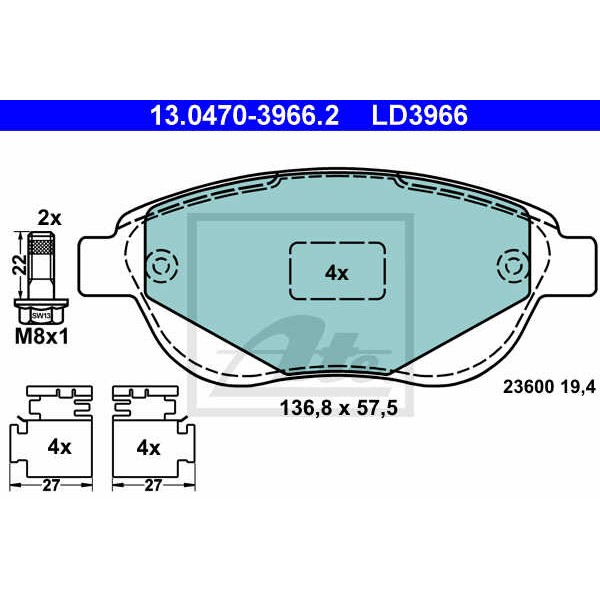 Слика на плочки ATE Ceramic 13.0470-3966.2 за Citroen Xsara Coupe N0 2.0 HDi 109 - 109 коњи дизел