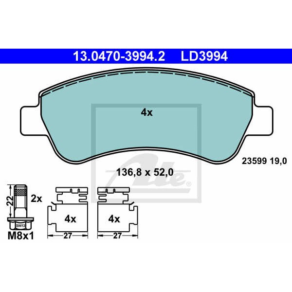 Слика на плочки ATE Ceramic 13.0470-3994.2 за Citroen C4 Coupe LA 1.6 HDi - 90 коњи дизел