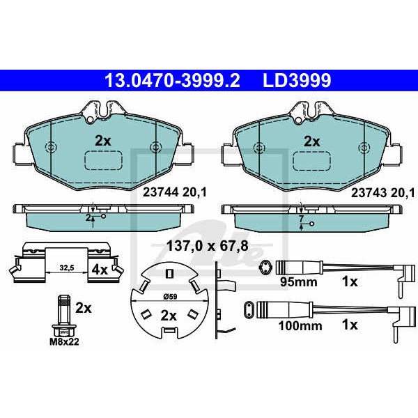 Слика на плочки ATE Ceramic 13.0470-3999.2 за Mercedes E-class Saloon (w211) E 220 CDI (211.006) - 136 коњи дизел