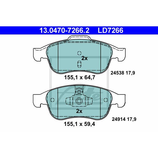 Слика на плочки ATE Ceramic 13.0470-7266.2 за Renault Megane 3 Hatchback 1.6 16V Bifuel (BZ03) - 110 коњи Бензин/Автогаз (LPG)