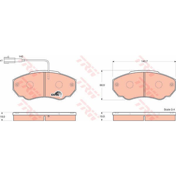 Слика на плочки TRW COTEC GDB1517 за Citroen Jumper BOX 244 2.2 HDi - 101 коњи дизел