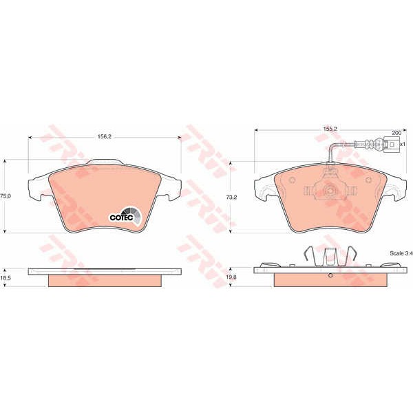 Слика на плочки TRW COTEC GDB1555 за VW Transporter 6 Box (SGA, SGH) 2.0 TDI - 84 коњи дизел