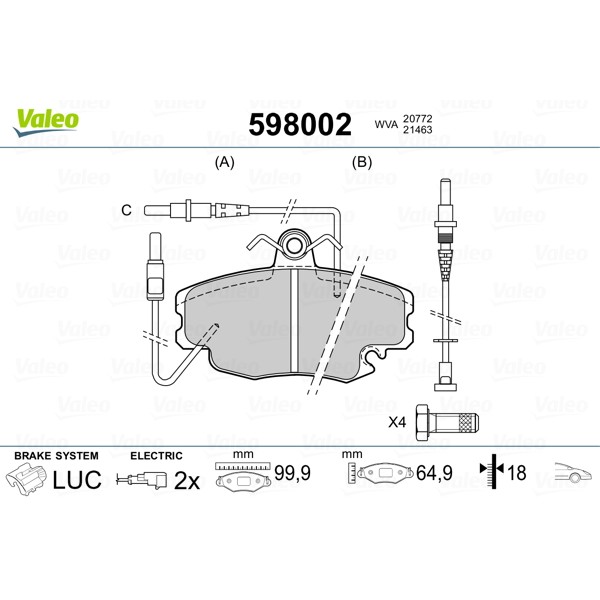 Слика на плочки VALEO 598002 за Renault 21 Hatchback 1.7 (B48E) - 90 коњи бензин