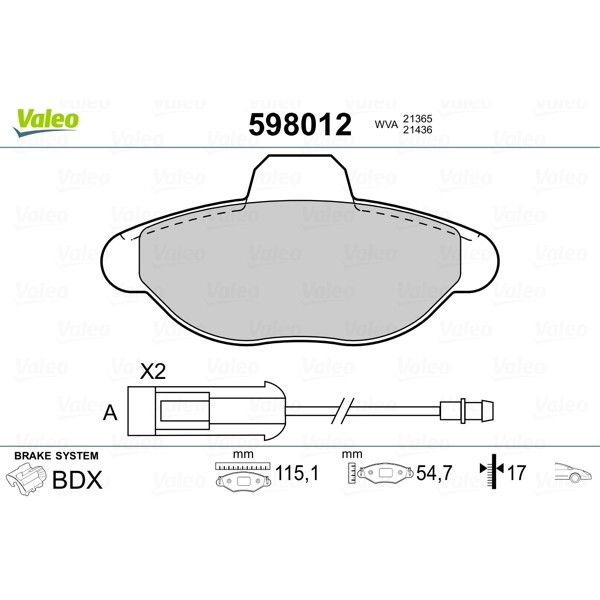 Слика на плочки VALEO 598012 за Fiat Cinquecento 170 0.9 i.e. (170AC) - 41 коњи бензин