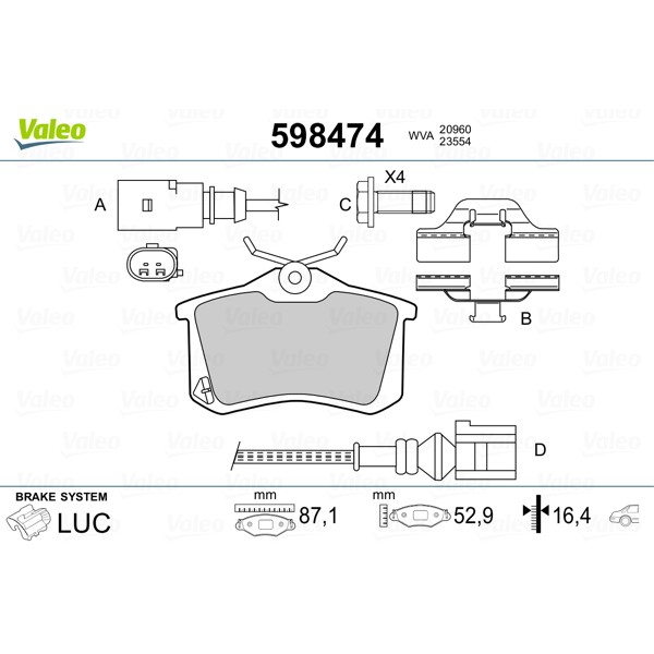 Слика на плочки VALEO 598474 за Audi A4 Sedan (8EC, B7) 2.0 TFSI quattro - 220 коњи бензин