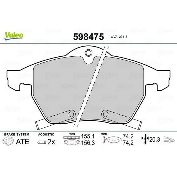 Слика на плочки VALEO 598475 за Saab 9-5 Saloon (YS3E) 2.3 Turbo - 250 коњи бензин