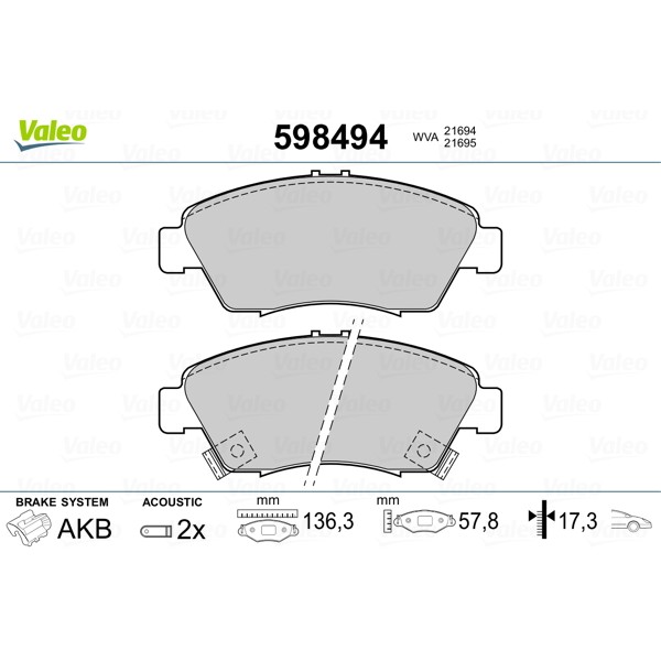 Слика на плочки VALEO 598494 за Honda Civic 7 Saloon (ES) 1.6 - 114 коњи бензин