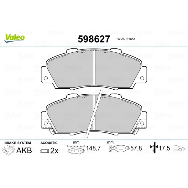 Слика на плочки VALEO 598627 за Honda Accord 6 Saloon (CE,CF) 2.2 i VTEC (CE9) - 150 коњи бензин