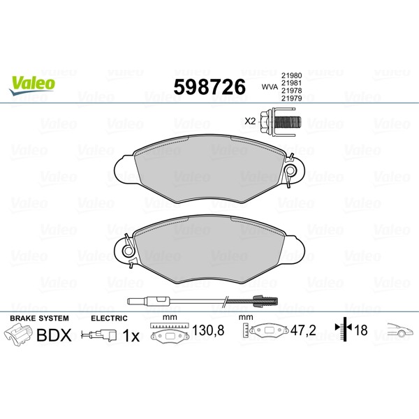 Слика на плочки VALEO 598726 за Nissan Kubistar Box 1.2 - 60 коњи бензин