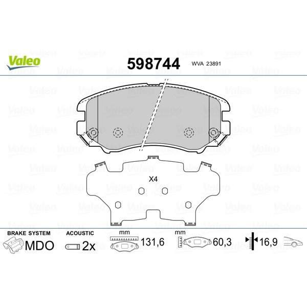 Слика на плочки VALEO 598744 за Kia Sportage (JE) 2.7 V6 4WD - 175 коњи бензин