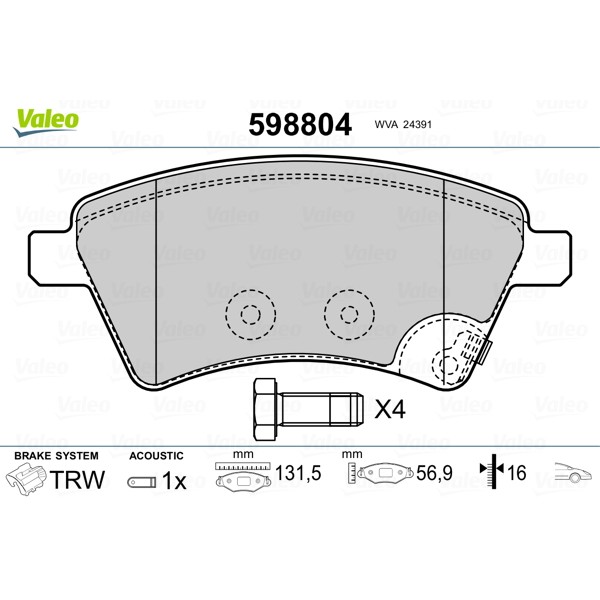 Слика на плочки VALEO 598804 за Fiat Sedici 2.0 D Multijet - 135 коњи дизел