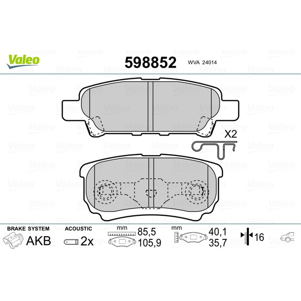 Слика на плочки VALEO 598852 за CHRYSLER SEBRING Cabrio 2.7 - 186 коњи бензин