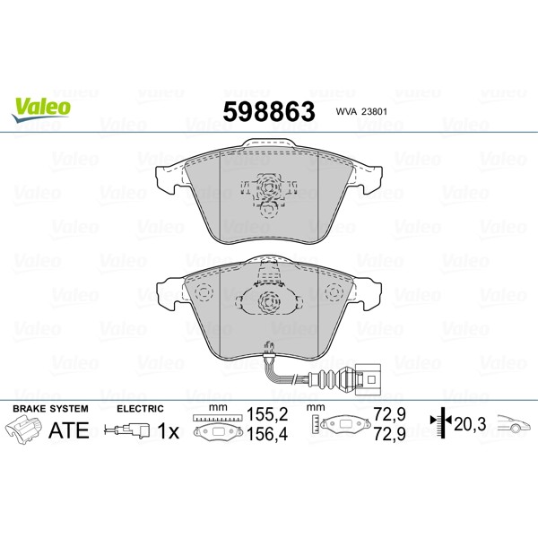 Слика на плочки VALEO 598863 за Audi A3 Sportback (8PA) 1.8 TFSI - 160 коњи бензин