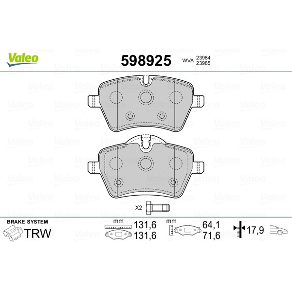 Слика на плочки VALEO 598925 за Mini Convertible (R52) John Cooper Works - 210 коњи бензин