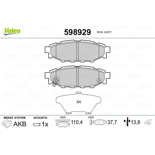 Слика на плочки VALEO 598929 за Subaru Forester (SH) 2.5 AWD - 171 коњи бензин