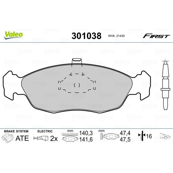 Слика на плочки VALEO FIRST 301038 за Peugeot 306 Saloon 1.6 SR - 89 коњи бензин