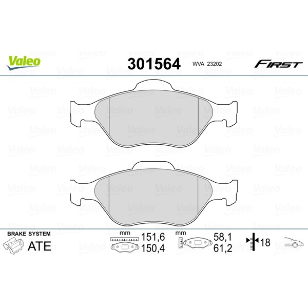 Слика на плочки VALEO FIRST 301564 за Ford Fiesta 4 (ja,jb) 1.25 i 16V - 75 коњи бензин