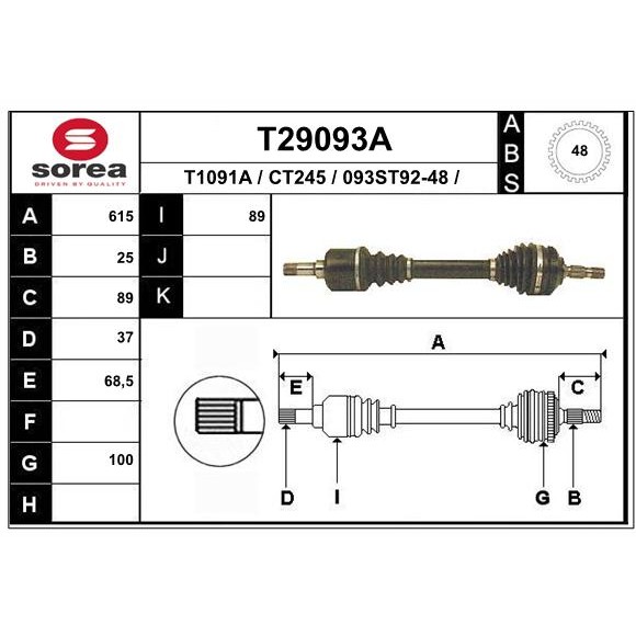 Слика на Полуосовина EAI T29093A за Citroen Xantia Break X2 3.0 V6 - 190 коњи бензин