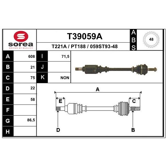 Слика на Полуосовина EAI T39059A за Peugeot 106 (1A,1C) 1.6 - 88 коњи бензин