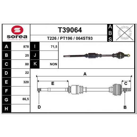 Слика на Полуосовина EAI T39064 за Peugeot 306 Convertible 1.6 - 98 коњи бензин