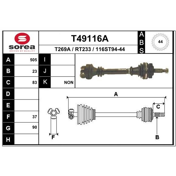 Слика на Полуосовина EAI T49116A за Renault Laguna Nevada (K56) 3.0 (K56R, K565) - 167 коњи бензин