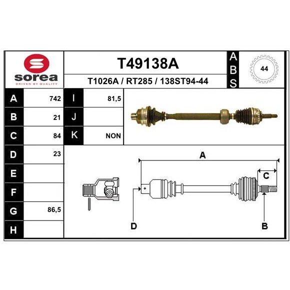 Слика на Полуосовина EAI T49138A за Renault Megane 1 (BA0-1) 1.6 e (BA0F, BA0S) - 90 коњи бензин