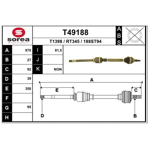 Слика на Полуосовина EAI T49188 за Renault Laguna 2 Grandtour (KG0-1) 2.0 16V - 170 коњи бензин