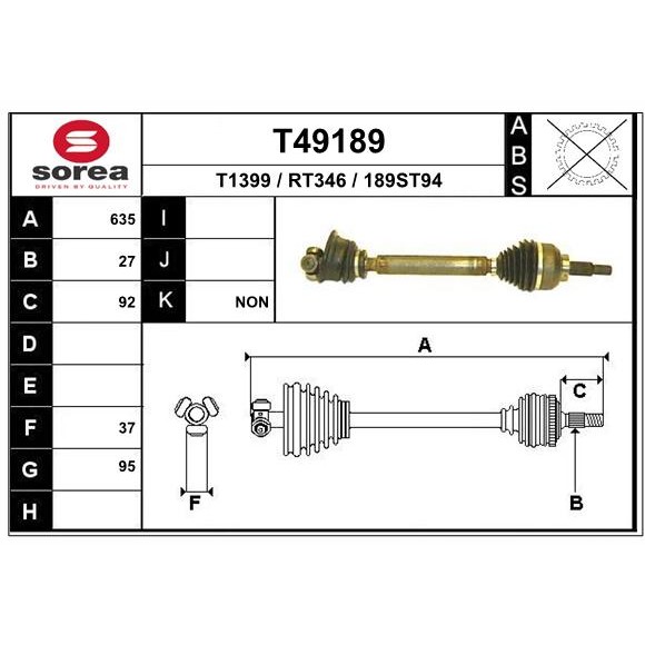 Слика на Полуосовина EAI T49189 за Renault Laguna 2 Sport Tourer (KG0-1) 2.0 16V Turbo (KG0S, KG0Z, KG1L, KG1M) - 163 коњи бензин