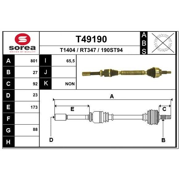 Слика на Полуосовина EAI T49190 за Renault Laguna 2 Grandtour (KG0-1) 1.9 dCI (KG0E) - 105 коњи дизел