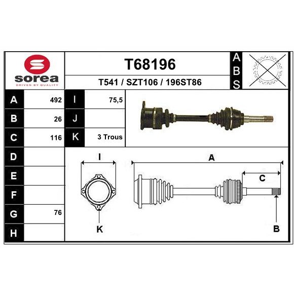 Слика на Полуосовина EAI T68196 за Suzuki Vitara (ET,TA) 1.6 на всичките колела (TA, TA01) - 80 коњи бензин