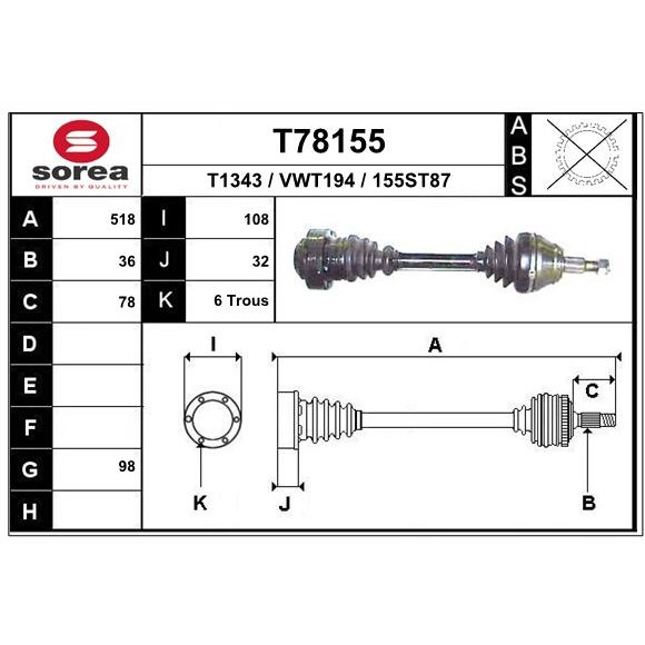 Слика на Полуосовина EAI T78155 за Audi TT (8N3) 1.8 T quattro - 224 коњи бензин