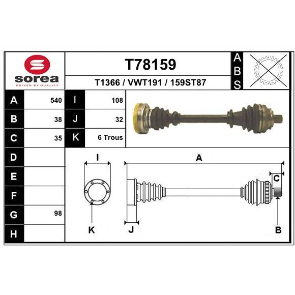 Слика на Полуосовина EAI T78159 за VW Transporter T4 Platform 1.9 D - 61 коњи дизел