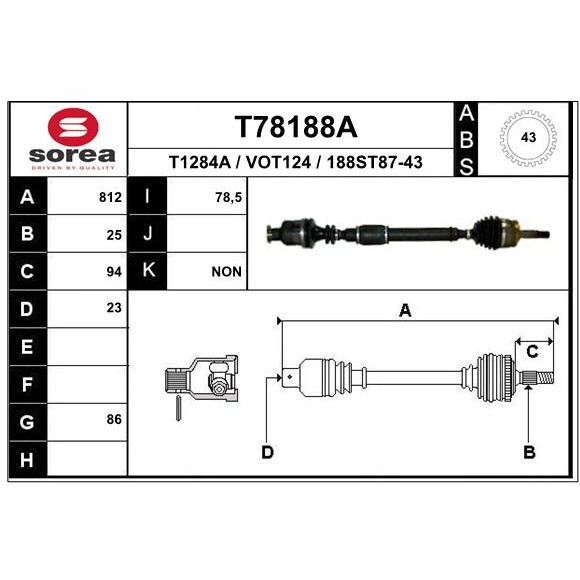 Слика на Полуосовина EAI T78188A за Volvo S40 Sedan (VS) 1.9 T4 - 200 коњи бензин