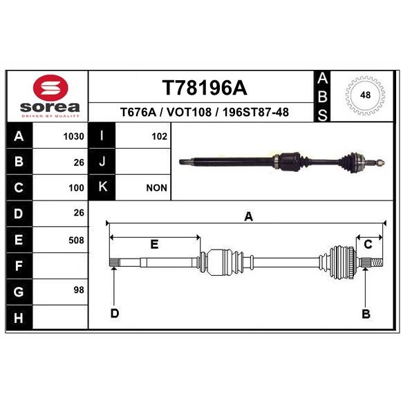 Слика на Полуосовина EAI T78196A за Volvo S70 Saloon (P80) 2.0 - 143 коњи бензин