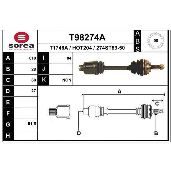 Слика на Полуосовина EAI T98274A за Honda CR-V 1 (RD) 2.0 16V (RD1, RD3) - 128 коњи бензин