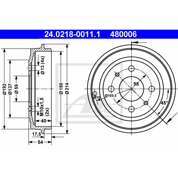 Слика на Сопирачки барабан ATE 24.0218-0011.1 за Fiat Tipo (160) 1.4 (160.AC) - 71 коњи бензин