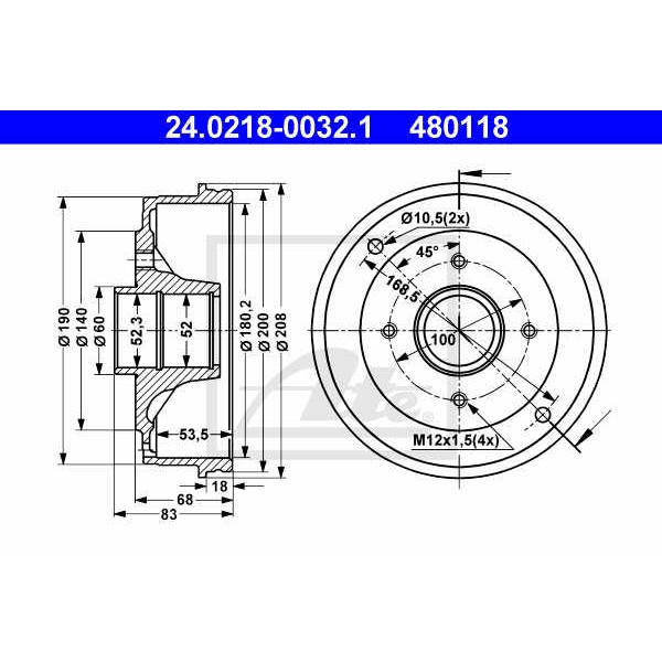 Слика на Сопирачки барабан ATE 24.0218-0032.1 за Renault Clio 2 1.2 (BB0A, BB0F, BB10, BB1K, BB28, BB2D, BB2H, CB0A...) - 58 коњи бензин