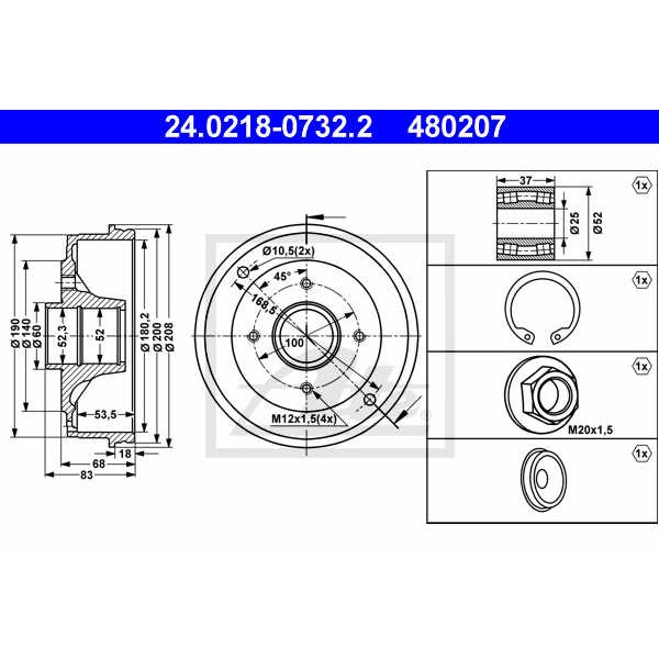 Слика на Сопирачки барабан ATE 24.0218-0732.2 за Renault 19 II Chamade 1.7 (L53C) - 90 коњи бензин