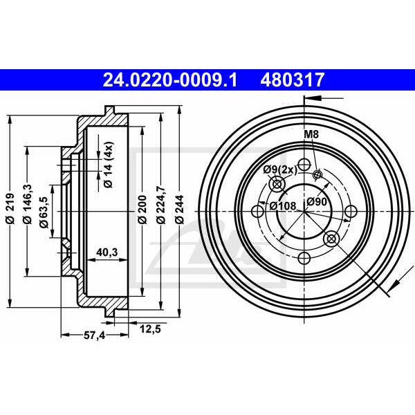 Слика на Сопирачки барабан ATE 24.0220-0009.1 за Ford Fiesta 6 1.6 TDCi - 90 коњи дизел