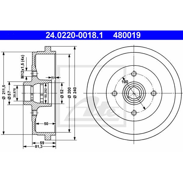 Слика на Сопирачки барабан ATE 24.0220-0018.1 за Seat Toledo (1L) 1.6 i - 71 коњи бензин