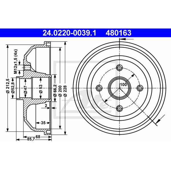 Слика на Сопирачки барабан ATE 24.0220-0039.1 за Opel Corsa C 1.3 CDTI - 70 коњи дизел